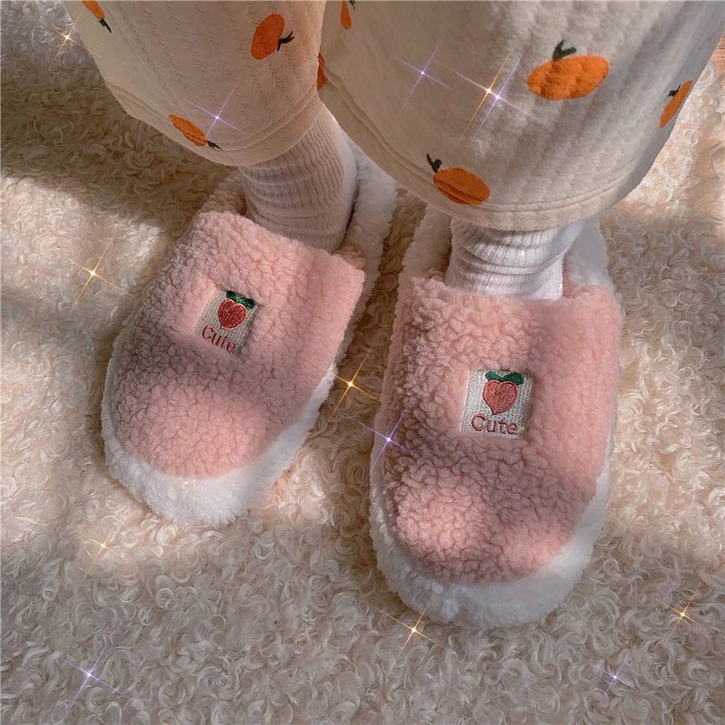 JOLINEOFFICIAL SLIPPER / PREMIUM SENDAL KAMAR BULU / SANDAL RUMAH MOTIF BUAH PEACH / INDOORS SLIPPERS / SANDAL BULU PINK EMPUK NYAMAN HANGAT LEMBUT / MURAH / SANDAL HOTEL