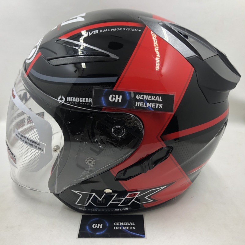 HELM NHK R1 MOTIF NAPOLEON BLACK RED GLOSSY DOUBLE VISOR HALF FACE MERAH