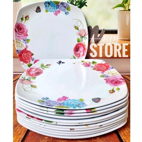 PROMO 12.PCS PIRING PERSEGI CEPER PRASMANAN MELAMINE MOTIF ROSE