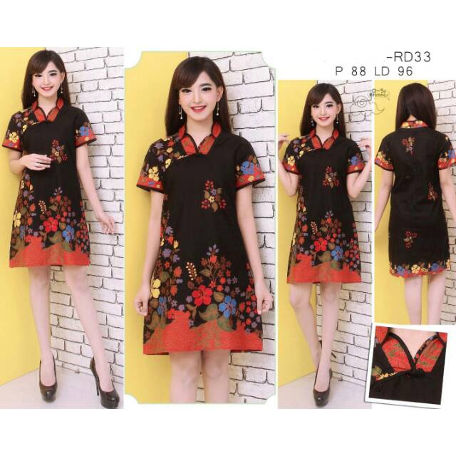 Dress Terusan Batik Cheongsam Kerah Shanghai Qipao Merah Hitam Katun Prima Halus Formal Pesta Resmi