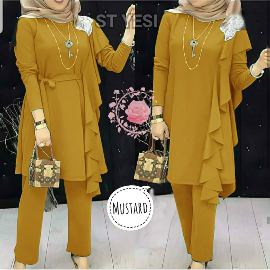 ST YESI/ SETELAN WANITA HIJAB SIZE L, XL, 2XL/ ONE SET BAHAN MOSSCREPE/ SET WANITA LENGAN PANJANG TERBARU-MUSTARD