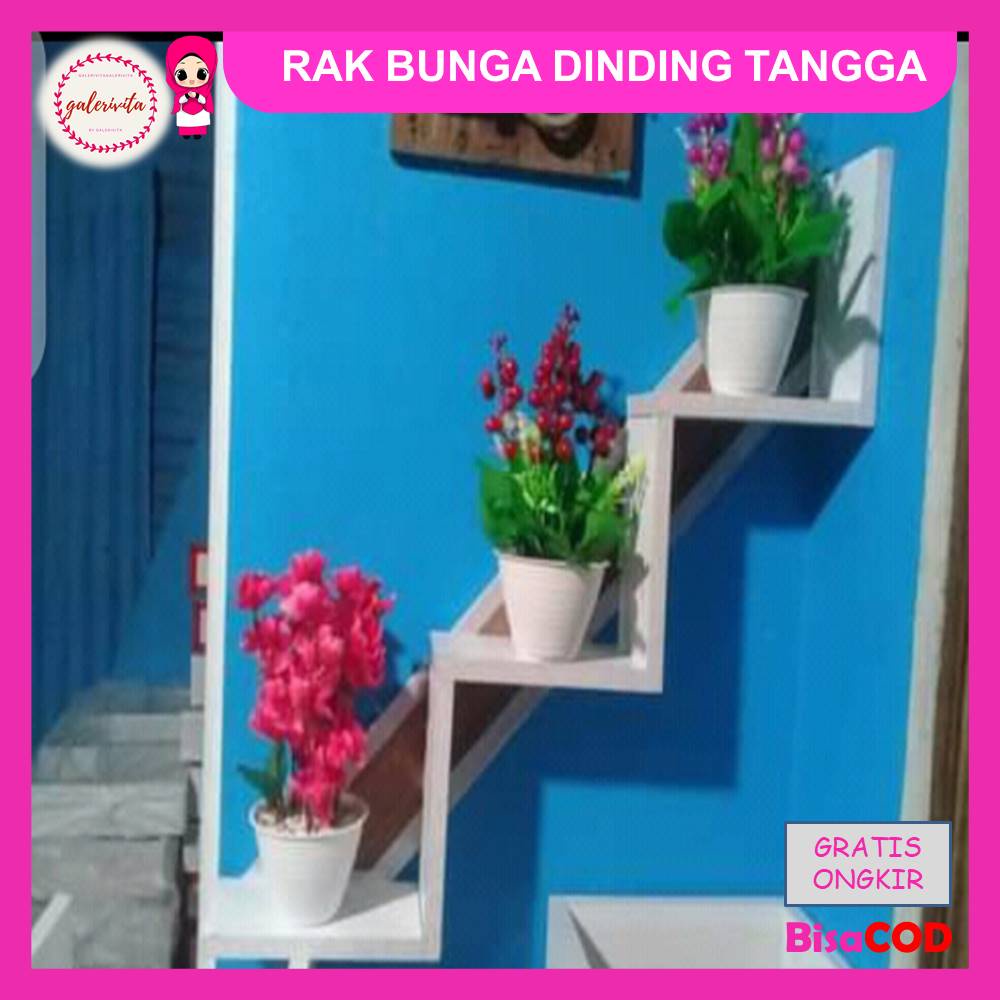 Rak Bunga Tangga 3 Pot Vas / Rak Hiasan Dinding Kayu / Rak Bunga Susun Warna