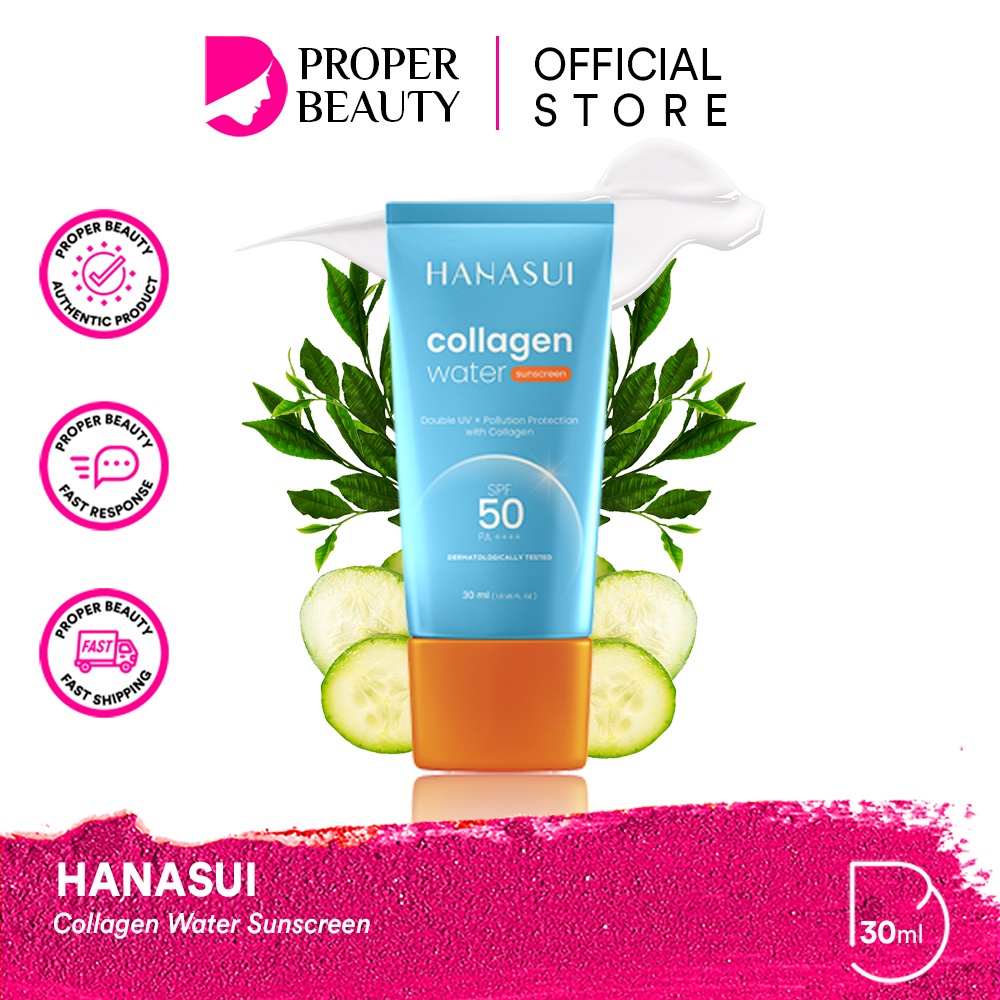 HANASUI Sun Care Indonesia / Skincare UV Shield Sunblock Protection / Collagen Watery Sunscreen SPF 50 PA++++ / Skincare Cleanser Toner Essence Serum Day Night Eye Cream Spot Gel Mask / Body Spa Lotion / Acne Flawless Men Make Up / Paket Set Face Wajah