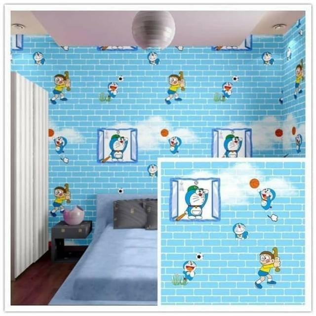 Wallpaper stiker motif batu bata Doraemon biru pink 10m murah