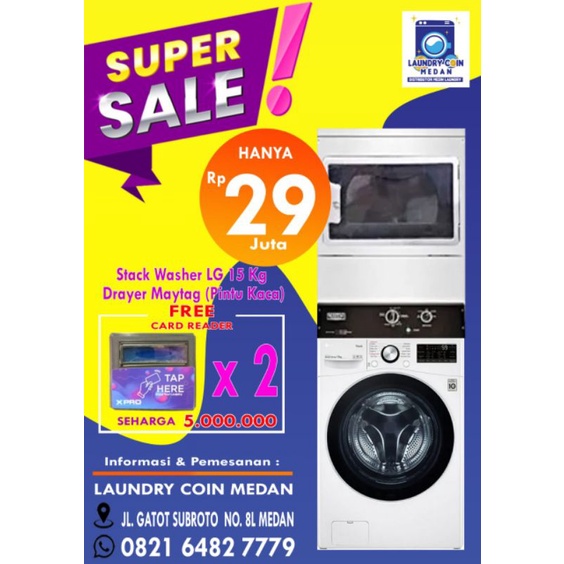 Washer LG 15 Kg + Drayer Maytag MDG20 Pintu Kaca + Card Reader