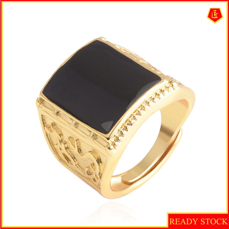 [Ready Stock]Black Agate Dragon and Phoenix Gold Ring Men's Personality