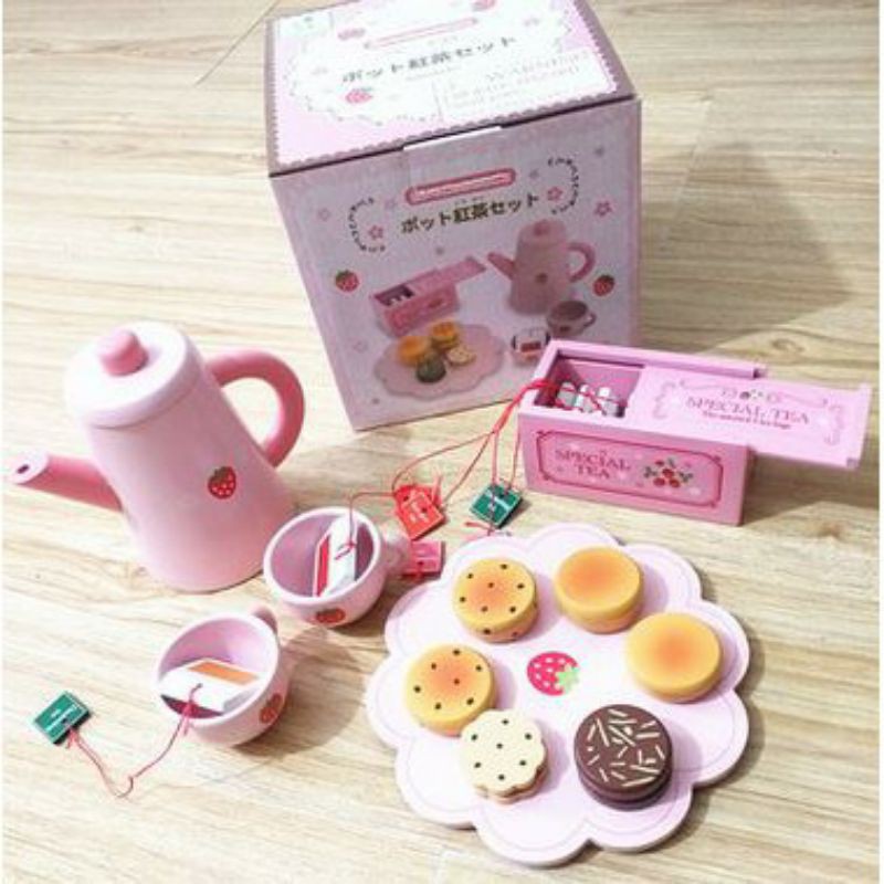 WOODEN MOTHER GARDEN TEA SET PINK PRETEND PLAY - mainan cangkir gelas - mainan edukasi anak