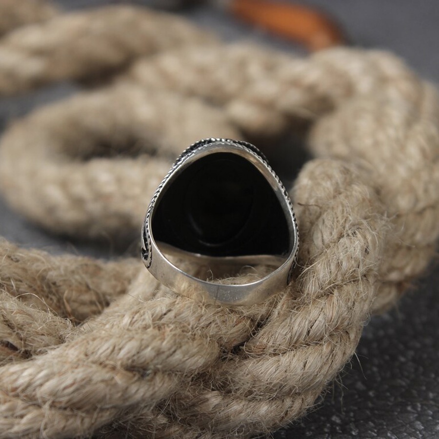 Batu Akik Hitam Cincin Baja Titanium Perak Pola Daun Aksesoris Fashion Pria Punk Batu Permata Rings