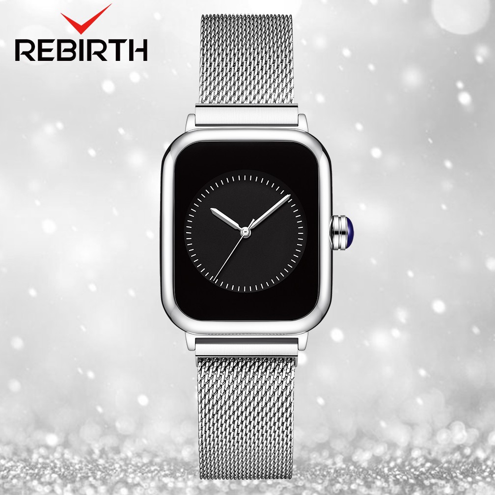 REBIRTH Jam Tangan Wanita Mode Square Dial Santai Display Kuarsa Tali Jala Tahan Air Jam Tangan Cewek-Silver