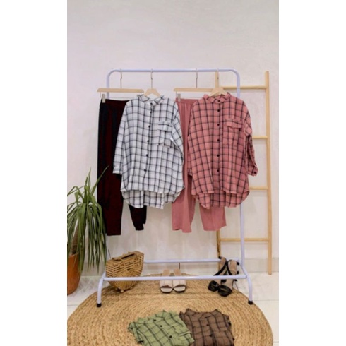 Set Crinkle Kotak/ Setelan Dewasa Bahan Crinkle/ Baju Kotak Bahan Crinkle/ Setelan Kemeja Kotak Dewa