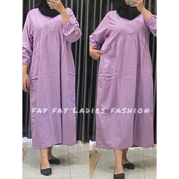 Seika Curve Midi Dress Katun Linen Rami Polos Busui Friendly Resleting Depan