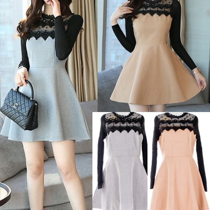 Dress Brukat IMPORT Dress Mini Flare Wool brukat Lace Pesta Party Abu Cream - , S Murah