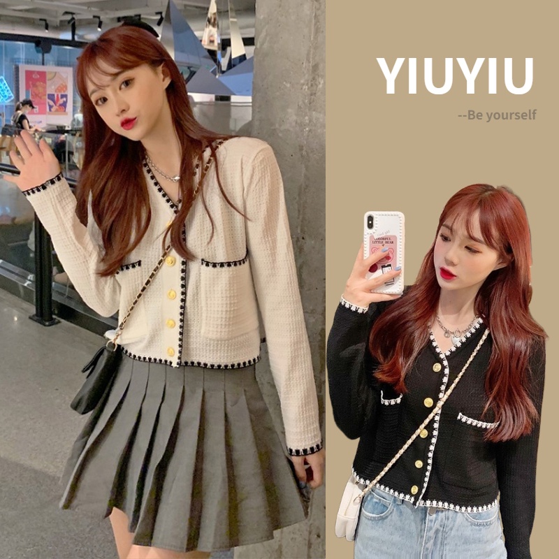 YIU YIU Rajut - Gardigan Rajut Crop Top Kancing Korean Style Lengan Panjang Wanita