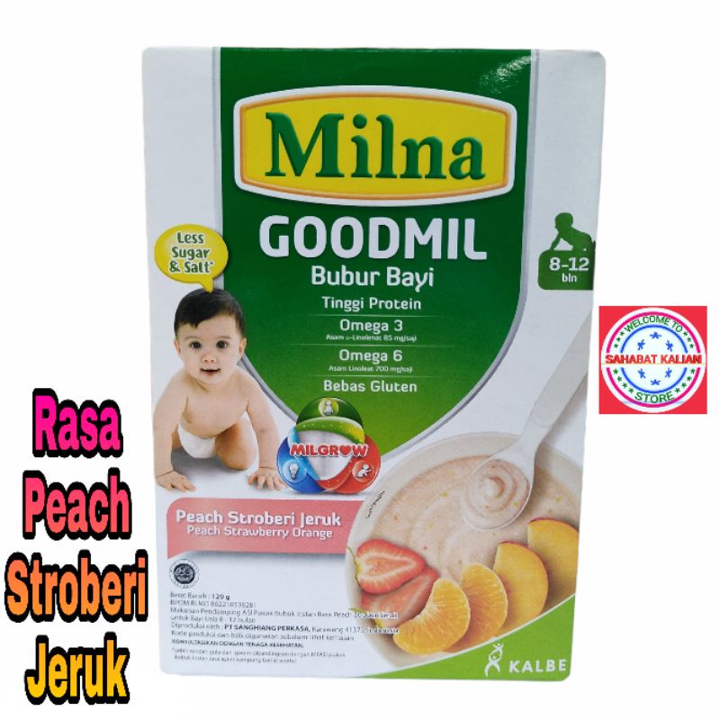 MILNA GOODMIL BUBUR BAYI PEACH STROBERI JERUK 120GR 8 - 12 BULAN PER 1 BOX