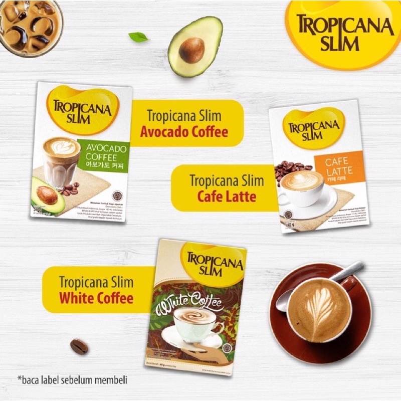 

Tropicana Slim White Coffee/Avocado Coffee/Cafe Latte - 4 Sachet - Kopi Susu Tanpa Gula Pasir