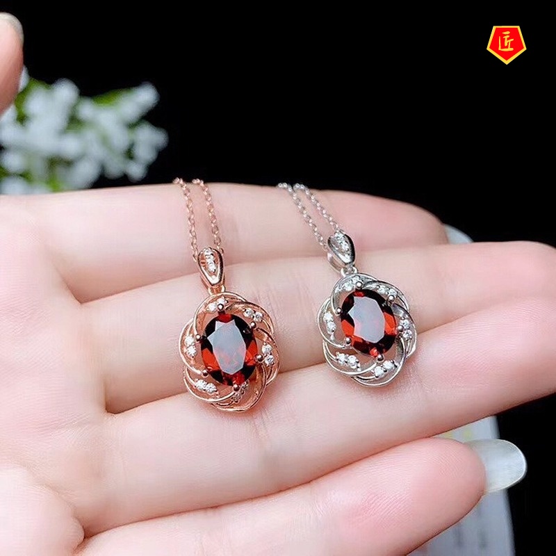 [Ready Stock]Natural Garnet Set Simple Fashion Rings Pendants Stud Earrings