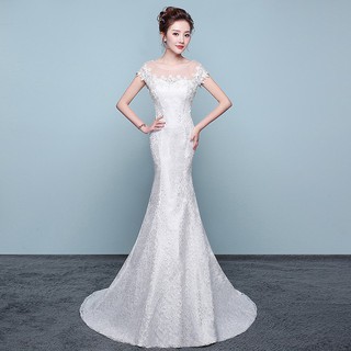 Short Sleeve White Lace Embroidery Mermaid Tail Wedding Gown