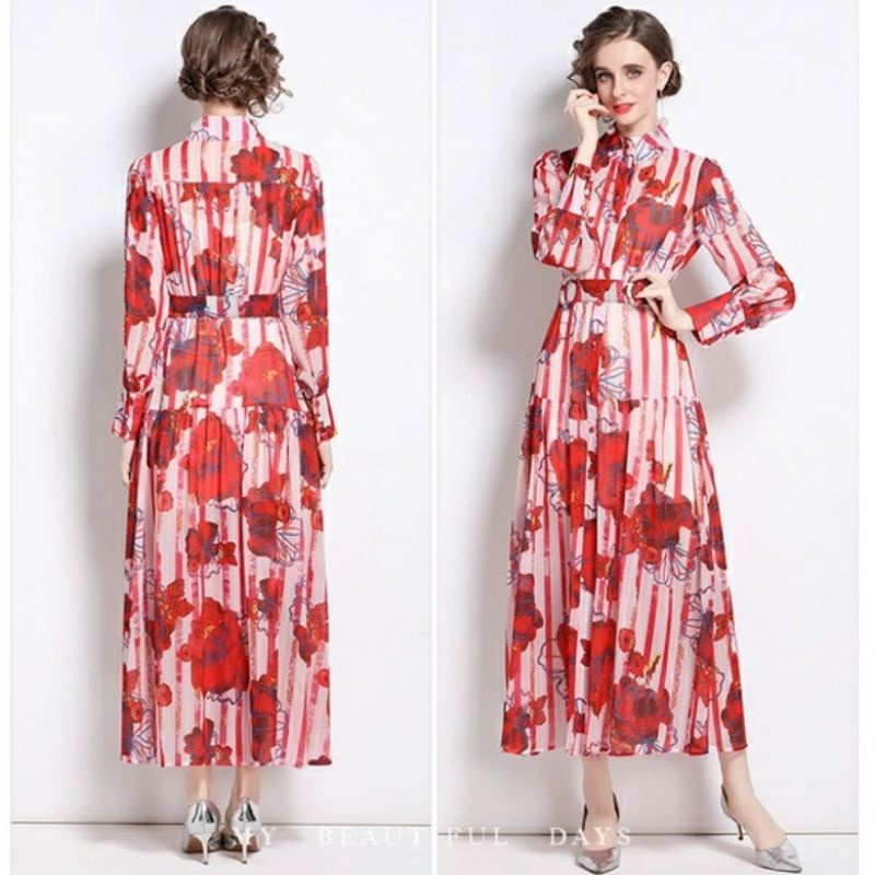 MDLV ~ 05510# Florentina Striped Maxi Dress Red Flower Dress Fashion Import