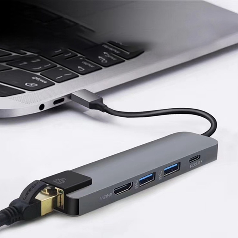 USB Type C Hub 5 in 1 LAN Adapter HDMI with Pass-through Charging - YC-206 - Gray