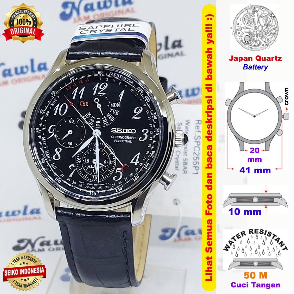 Seiko Quartz SPC255P1 Chronograph Perpetual Sapphire Black - Jam Tangan Pria SPC255