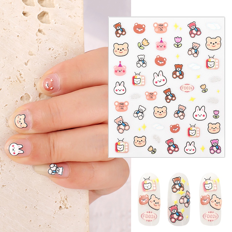 1 Lembar Stiker Kuku 5D Motif Beruang Untuk Dekorasi Manicure