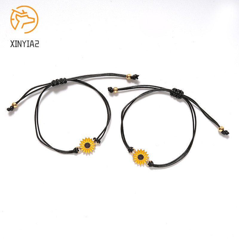 2 Pcs Korean Fashion Gelang Tali Ersahabatan Anyaman Krisan Bunga Matahari Fashion Wanita Korea Pria Couple Bracelet Daisy Hitam C3-1