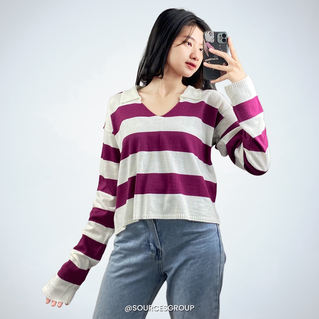 SWEATER FUJI /BAJU RAJUT FUJI /SWEATER CROP FUJI/FUJI/CROP RAJUT ALDA STRIP READY GARIS OVERSIZE BLOUSE RAJUT MOTIF GARIS