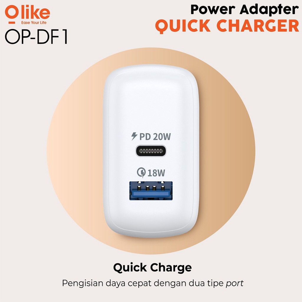 OLIKE Batok Kepala Charger Qualcomm Quick Charge 3.0 Power Delivery 20W Dual Port Batok Casan Garansi Resmi OP-DF1