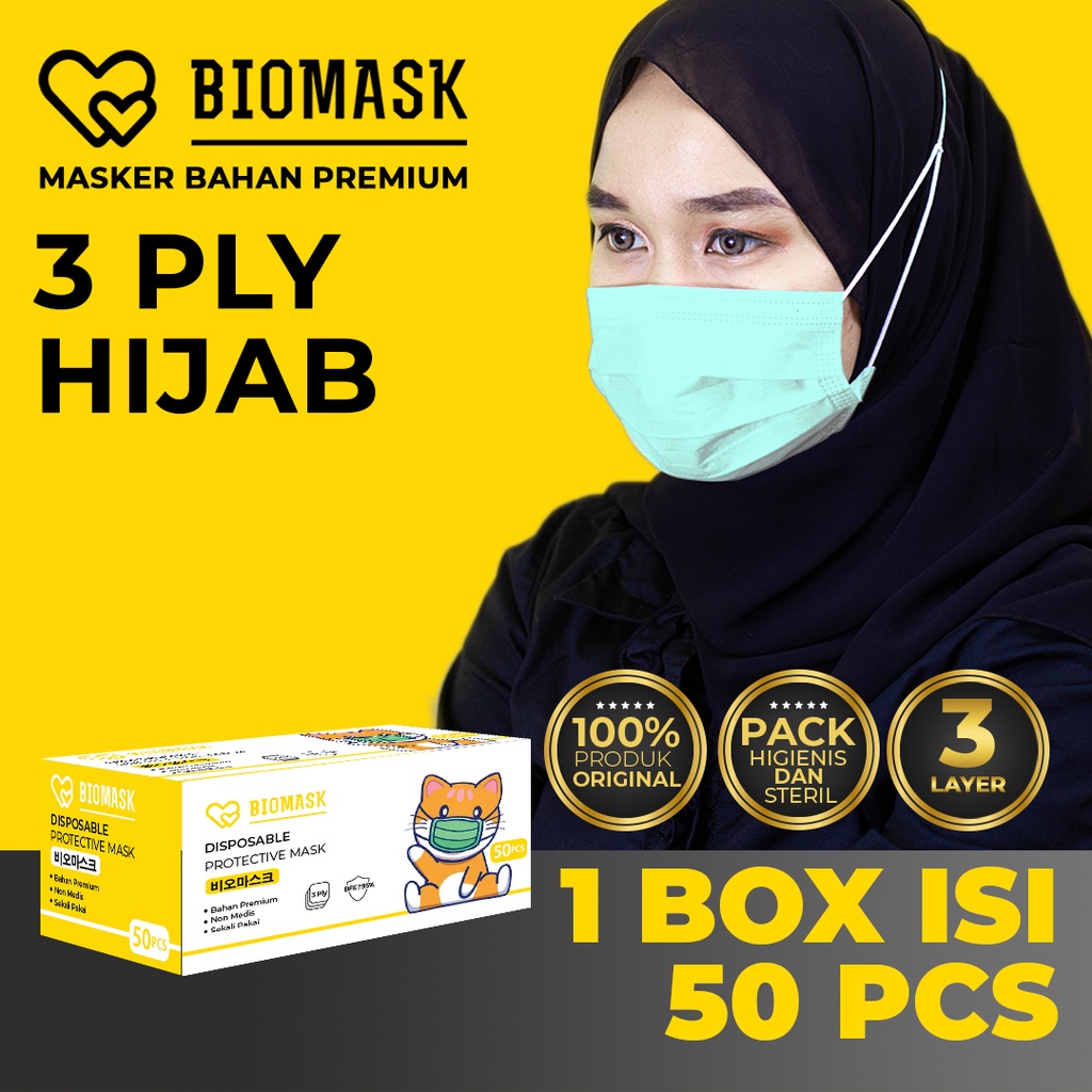 BIOMASK - Masker Hijab 3ply 1 Box isi 50Pcs Headloop Premium Hitam Biru Putih Pink Hijau Warna Warni