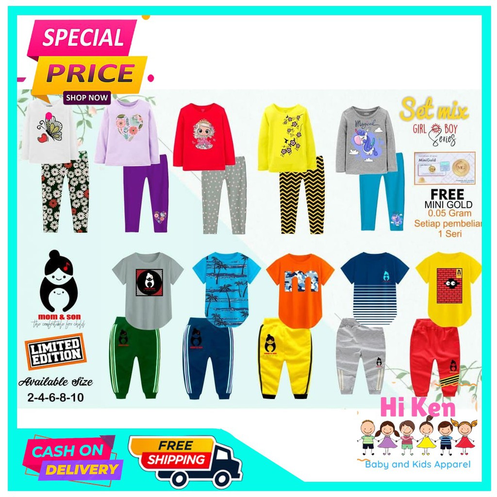 Setelan Baju Kaos Celana Panjang Anak Anak Laki Laki Perempuan "MIX & BOY SERIES" Umur 2 4 6 8 10 Ta