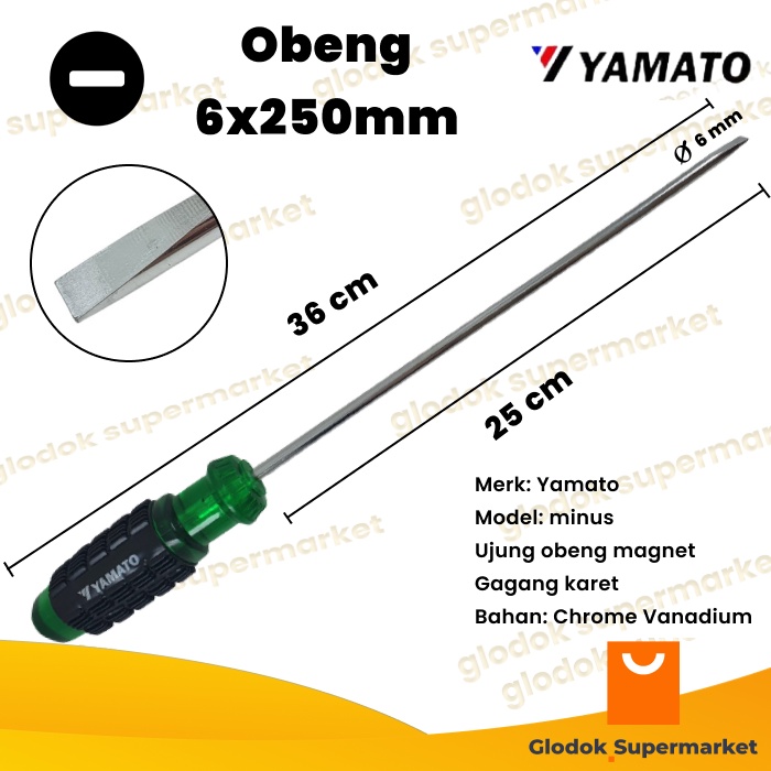 Obeng Minus 10 inch Yamato Diameter 6mm Panjang Besi 25cm Magnet Gagang Karet