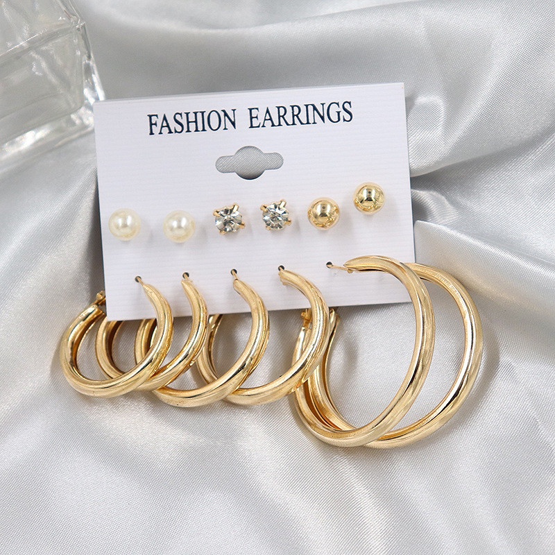 6 Pasang / Set Anting Bentuk Lingkaran Aksen Mutiara Bahan Logam Untuk Aksesoris Wanita