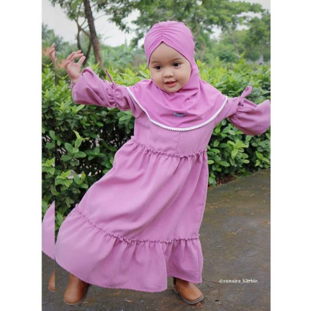 BAJU MUSLIM GAMIS ANAK SET HIJAB  KATUN MADINAH DUSTY PURPLE