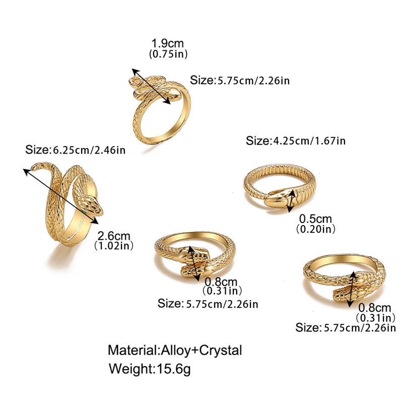 5pcs / Set Cincin Bentuk Ular Warna Emas Gaya Retro Untuk Wanita