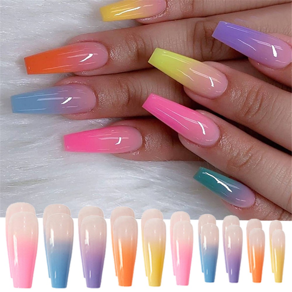 24 Pcs Kuku Palsu Panjang Bahan Akrilik Tahan Air Warna Pelangi Dengan Lem Untuk Nail Art