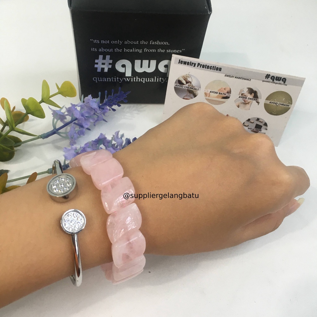 Gelang Batu ROSE QUARTZ CUTTING PANJANG limited natural asli akik PINK