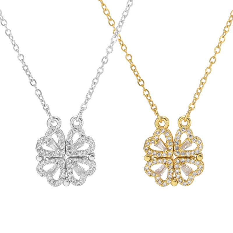 Kalung Rantai Klavikula Magnetik Bentuk Hati Daun Clover Gaya Retro Dapat Dibuka