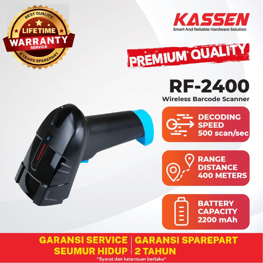 BARCODE SCANNER UP TO 400M TAHAN 7 HARI KASSEN RF-2400 1D/2D WIRELESS