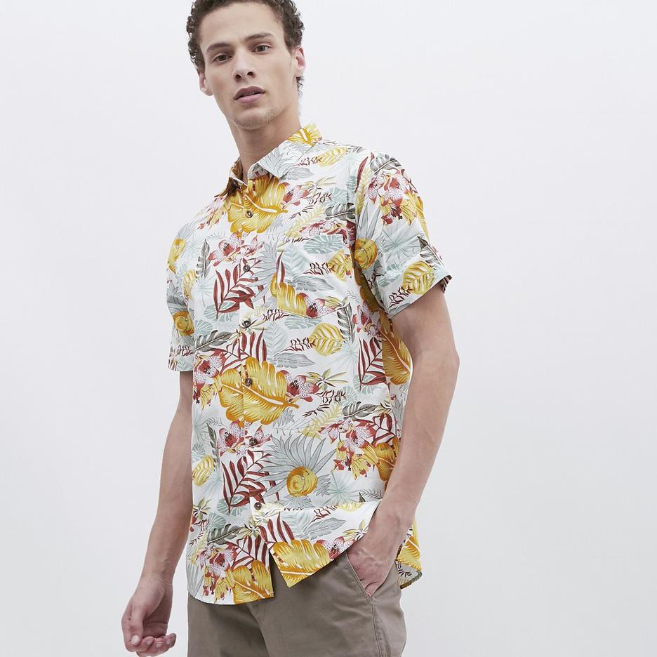 {MU.26My21n} Kemeja Pria Printing Pendek Kuning 1983