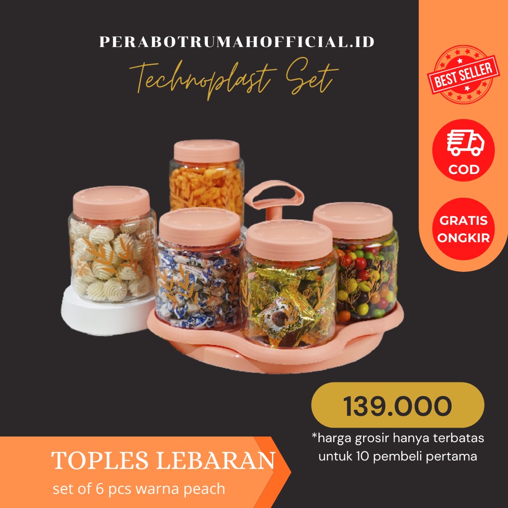 Toples Lebaran Set Warna Peach Tempat Kue Lebaran Bisa Diputar Toples Kue Kering Technoplast Set