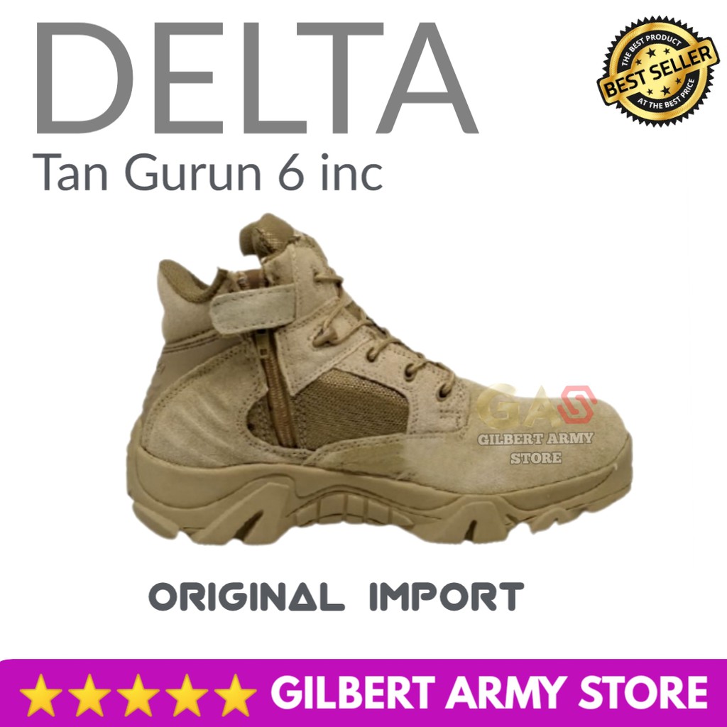 Sepatu DElta Tan Gurun Coklat Pendek 6inc Ori Impor Tactical Boots Army Murah Gilbert army Store