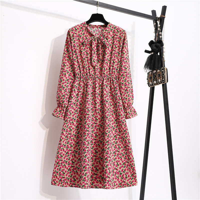 Bebovizi Midi dress korea Lengan Panjang Wanita Motif Bunga Model / Vintage / Casual Bahan Sifon