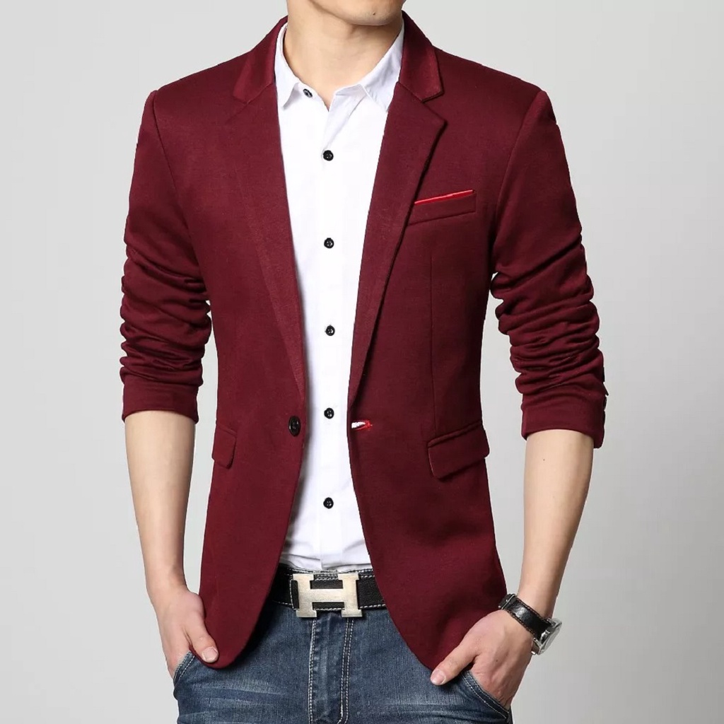 BLAZER PRIA SLIMFIT WARNA MAROON MELVIN TWIST SINGLE BUTTON ORIGINAL - BLAZER COWOK WARNA MAROON SLIMFIT BAHAN HIGH TWIST ORIGINAL NIKAYU (S,M,L,XL)