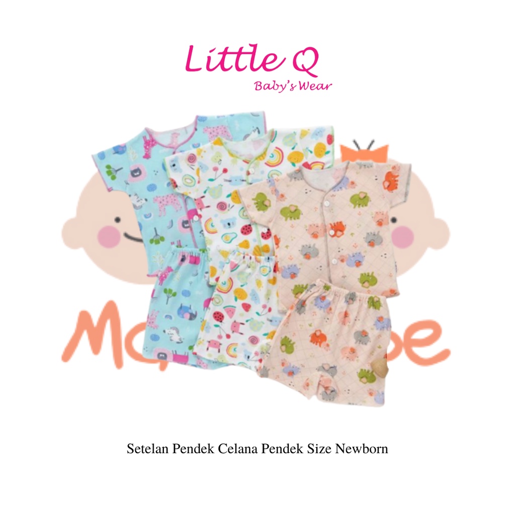 [Size NB] Little Q Setelan Motif Pendek Kancing Tengah Celana Pendek Isi 3 Pcs