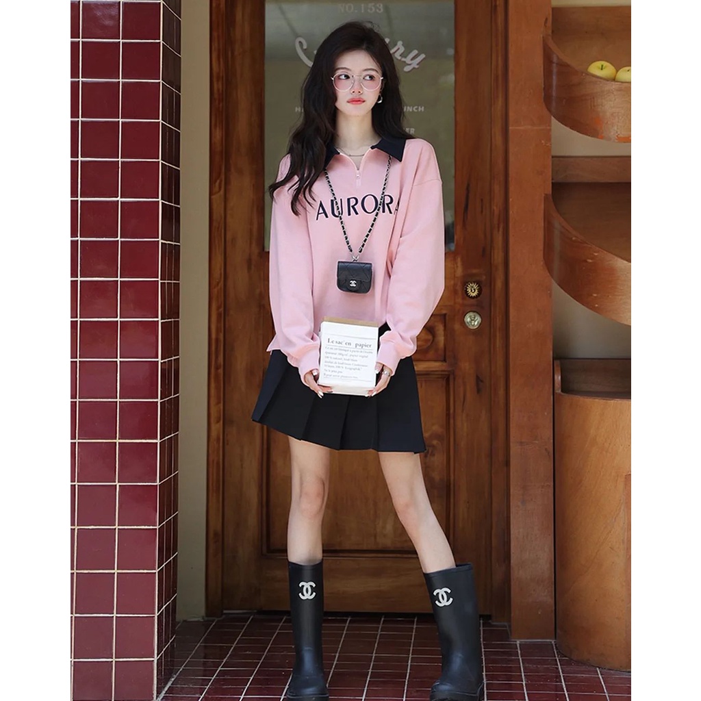 Sweater Wanita | Sweater AURORA Kerah Ziper Oversize | Sweater Outfit Wanita Korean Style Kekinian