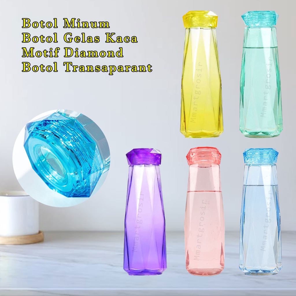 Botol Minum/ Botol Gelas Kaca / Motif Diamond/ Ungu / Botol transaparant