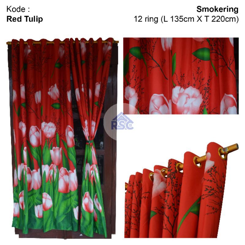 Gorden Pintu/Jendela motif bunga tulip merah,gorden pintu model smokering,gorden homemade