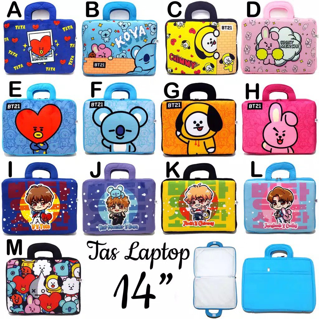 Tas Laptop Jinjing / Tas Laptop Selempang / Tas Note book Notebook 14 " Inch Karakter BTS BT21 Kpop