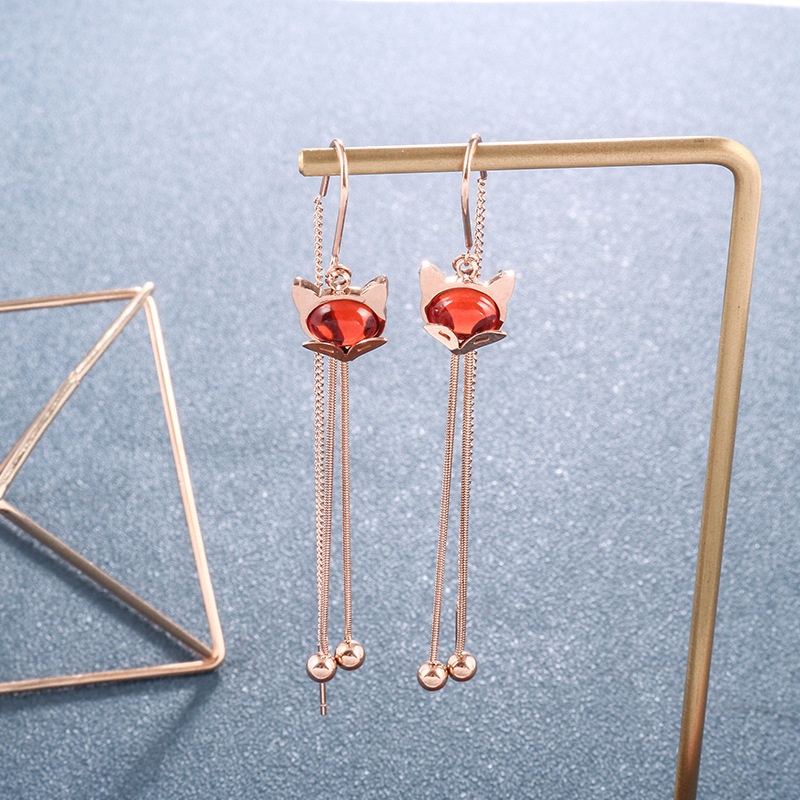 Anting ruba merah juntai bola korea fashion titanium anti karat - ercassia