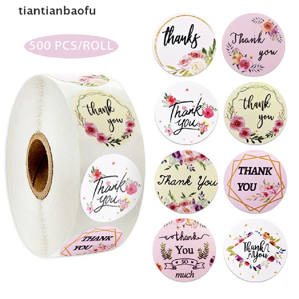 500 Pcs / roll Stiker Label Segel Bentuk Bulat Motif Bunga thank you Untuk Paket